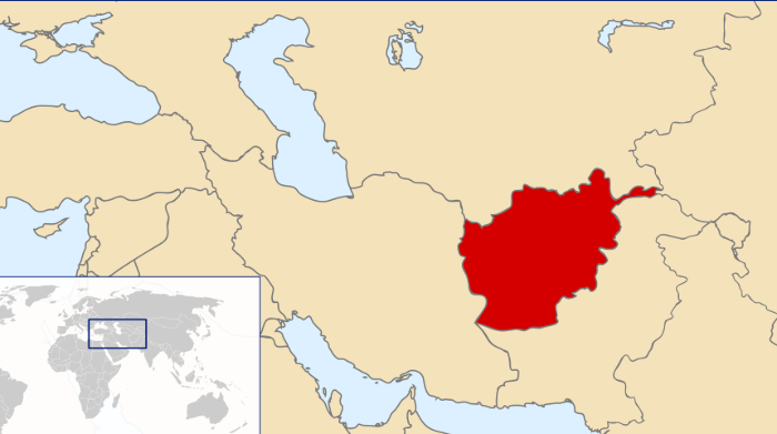 Afganistán (en rojo) en el mapa de Asia Central y Oriente Medio, con la URSS sin dividir en las repúblicas actuales
