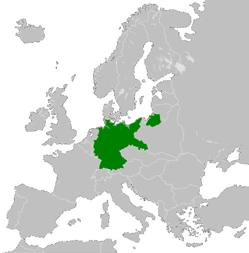 Fronteras de Alemania en 1936 (en verde) en el mapa de Europa