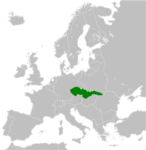 Fronteras de Checoslovaquia en 1936 (en verde) en el mapa de Europa