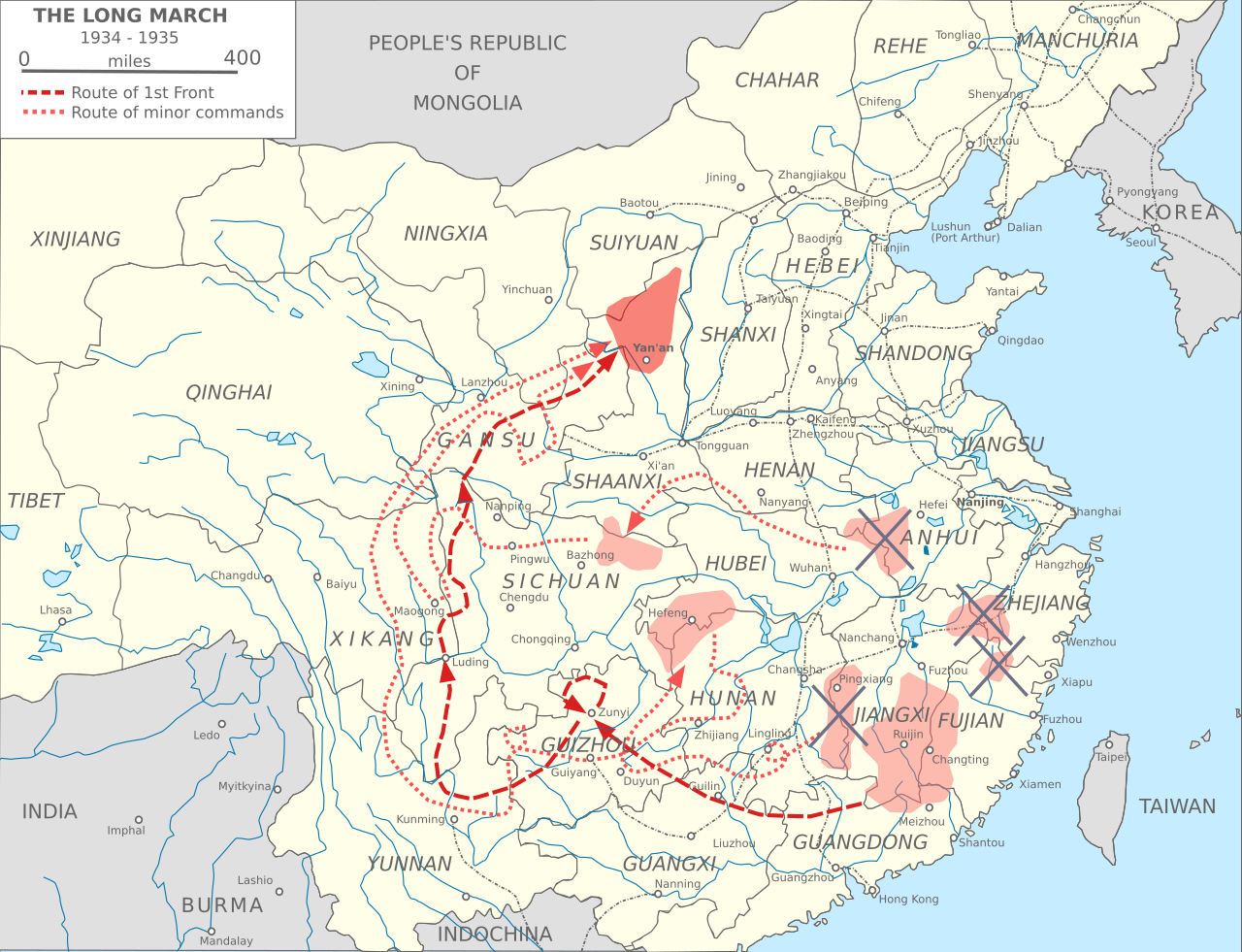 Mapa de la Larga Marcha (1934-1935) con la ruta hasta la base de Yan'an