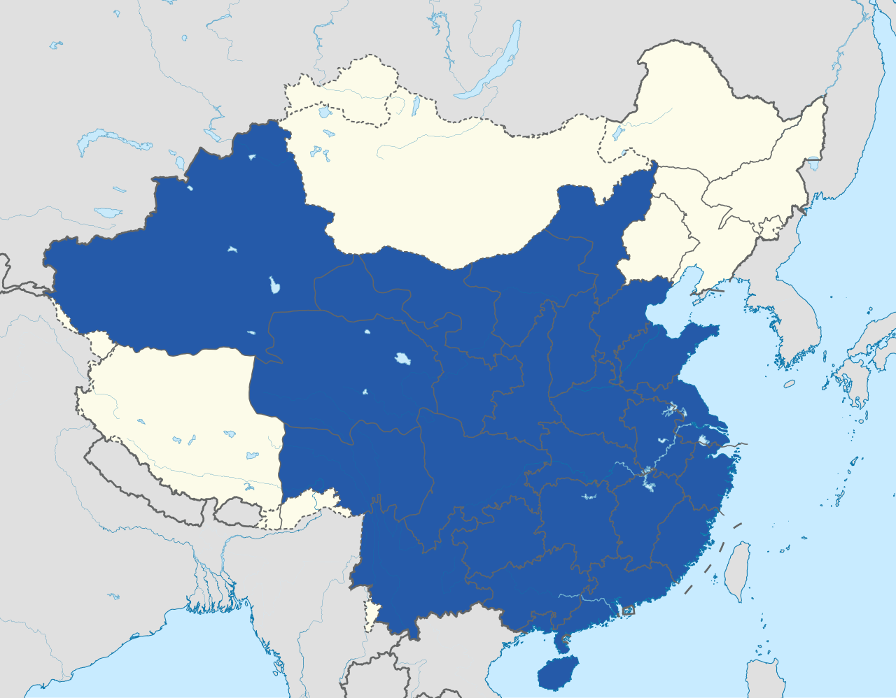Provincias bajo autoridad nominal de la República de China en 1936 (en azul)