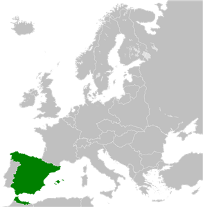 Fronteras de España en 1936 (en verde) en el mapa de Europa