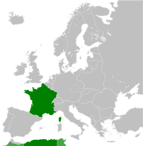 Fronteras de Francia en 1936 (en verde) en el mapa de Europa