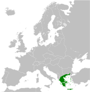 Fronteras de Grecia en 1936 (en verde) en el mapa de Europa