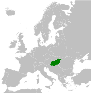 Fronteras de Hungría en 1936 (en verde) en el mapa de Europa