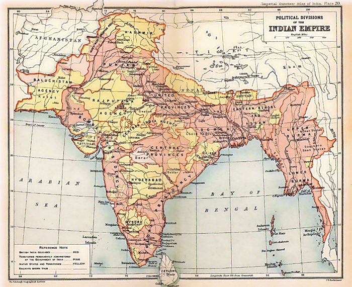 Mapa histórico de las divisiones políticas del Imperio Indio, hacia 1909