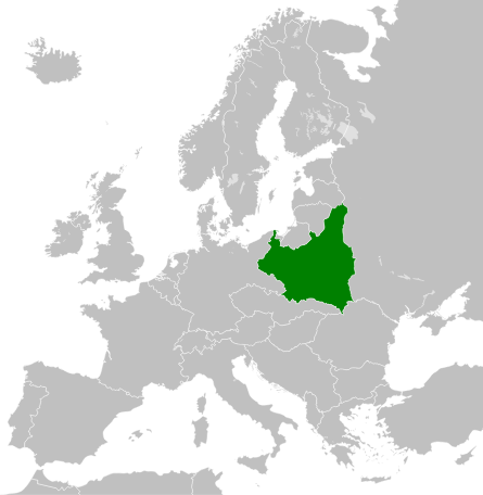 Fronteras de Polonia en 1936 (en verde) en el mapa de Europa