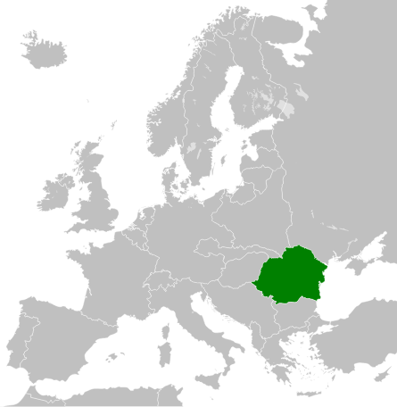 Ubicación de la Gran Rumanía (en verde) en el mapa de Europa, fronteras de 1936
