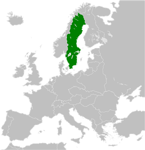 Fronteras de Suecia en 1936 (en verde) en el mapa de Europa
