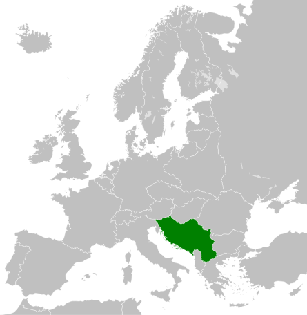 Fronteras de Yugoslavia en 1936 (en verde) en el mapa de Europa