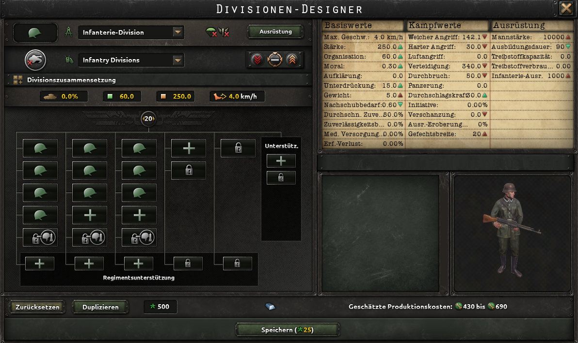 Offizieller Screenshot einer Infanteriedivision mit 20 Gefechtsbreite im Designer
