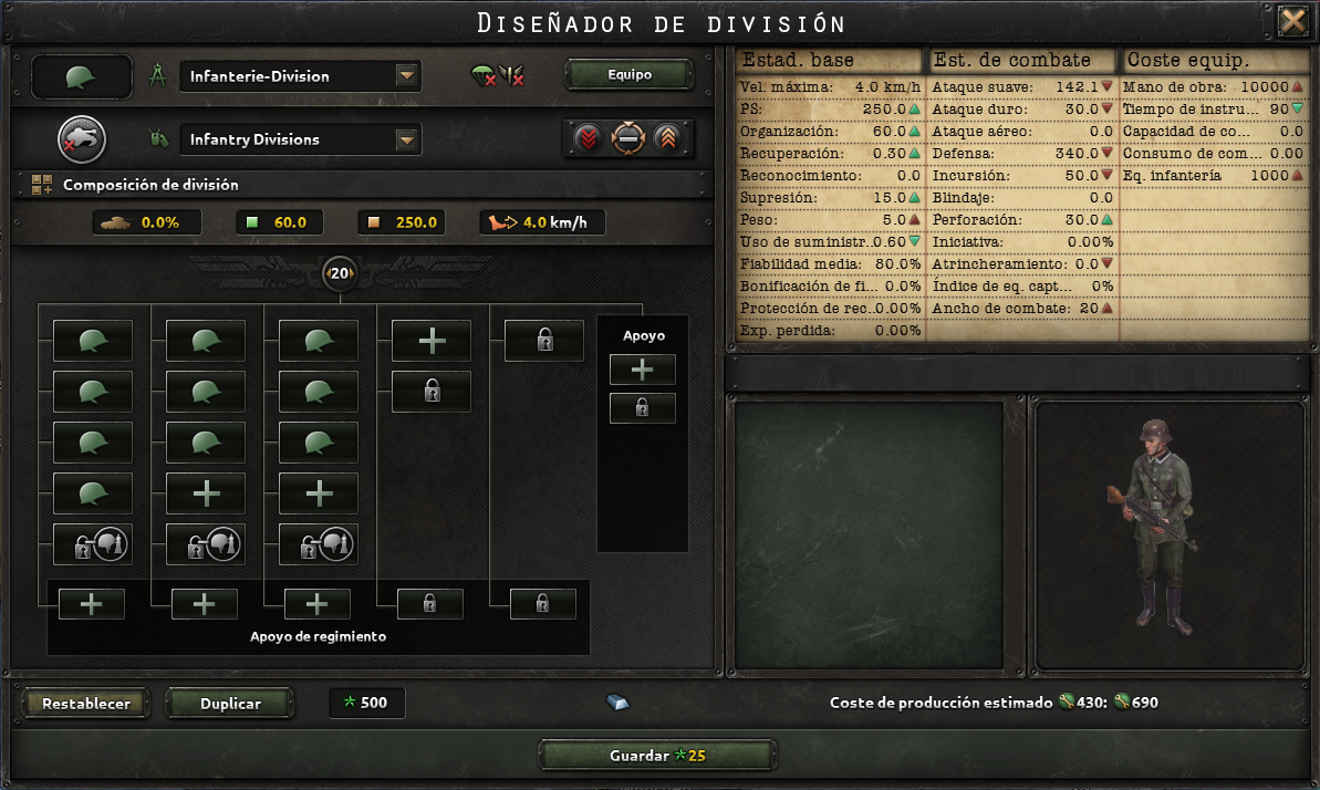 Captura oficial de una división de infantería de 20 de ancho de combate en el diseñador