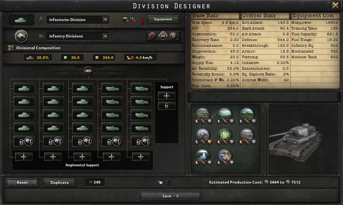 Official screenshot of a 40-combat-width armored division in the designer