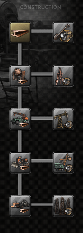 Official construction technology tree, with the resource extraction branch paired in the right column