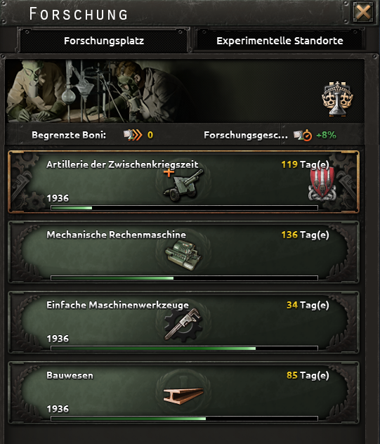 Offizieller Screenshot des Forschungsbildschirms mit seinen Slots