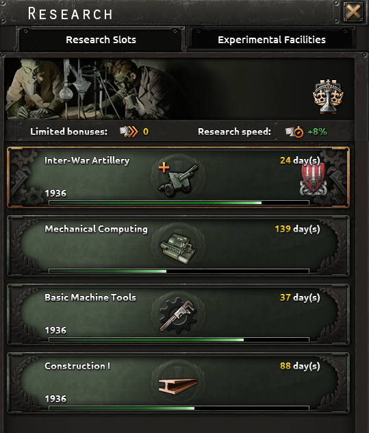 Official screenshot of the research screen with its slots