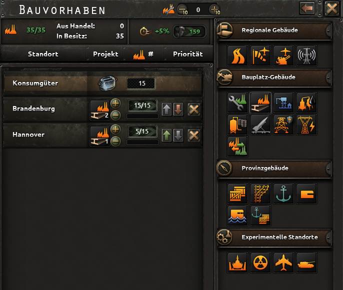 Offizieller Screenshot des Baubildschirms mit der Bauwarteschlange und den verfügbaren Gebäudekategorien