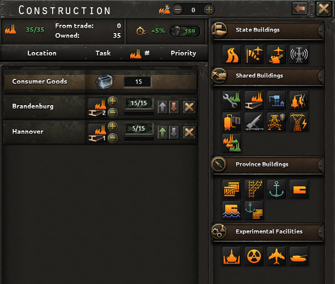 Official screenshot of the construction screen, with the build queue and the available building categories