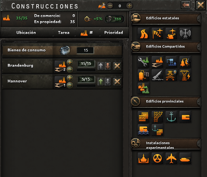 Captura oficial de la pantalla de construcción, con la cola de obras y las categorías de edificios disponibles