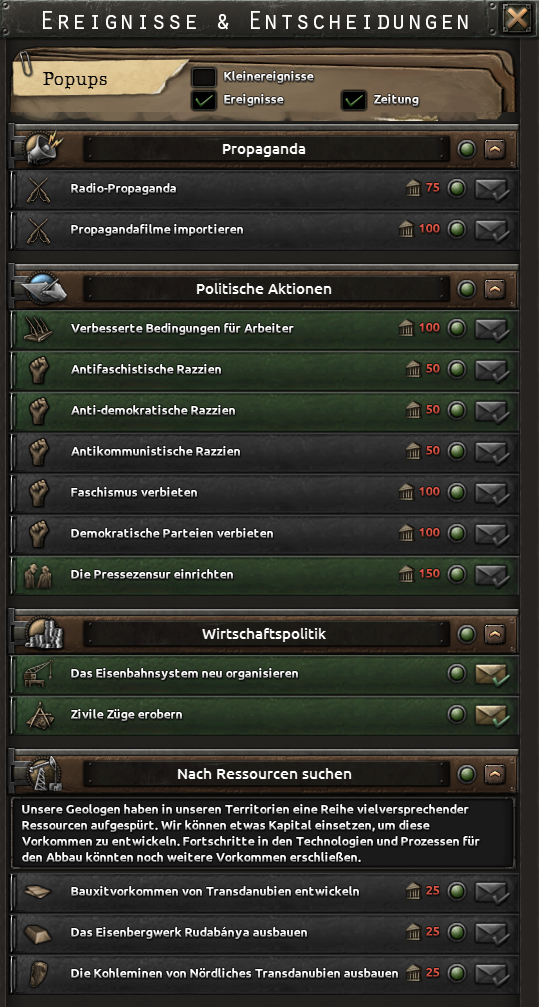 Offizieller Screenshot der Oberfläche für Ereignisse und Entscheidungen