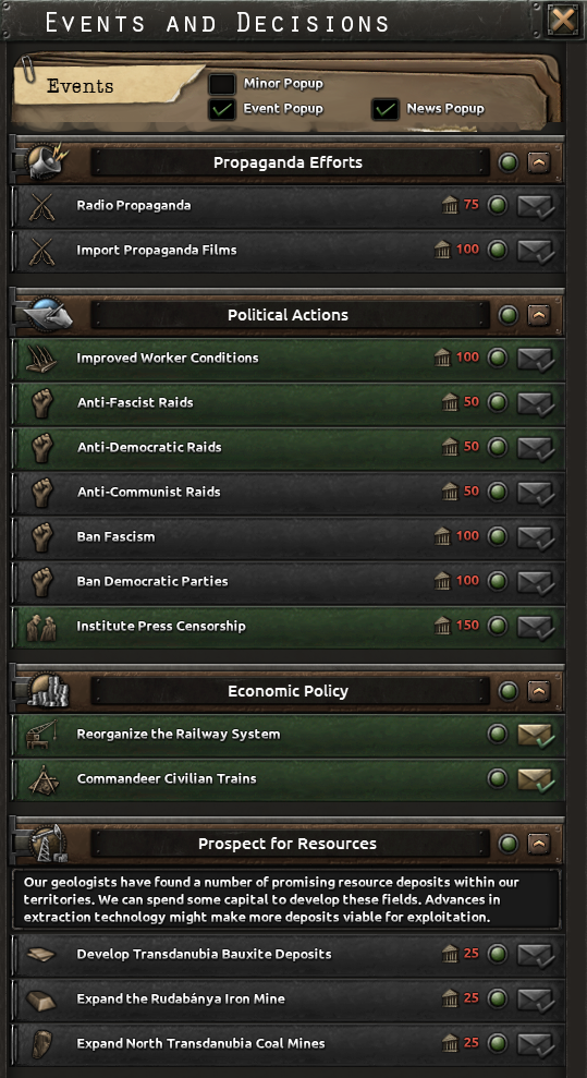 Official screenshot of the Events and Decisions interface