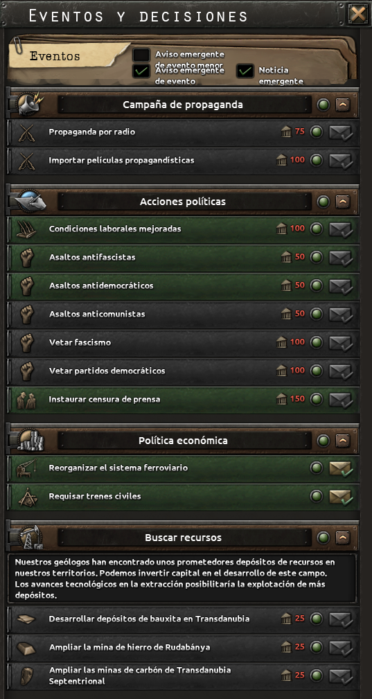 Captura oficial de la interfaz de Eventos y Decisiones