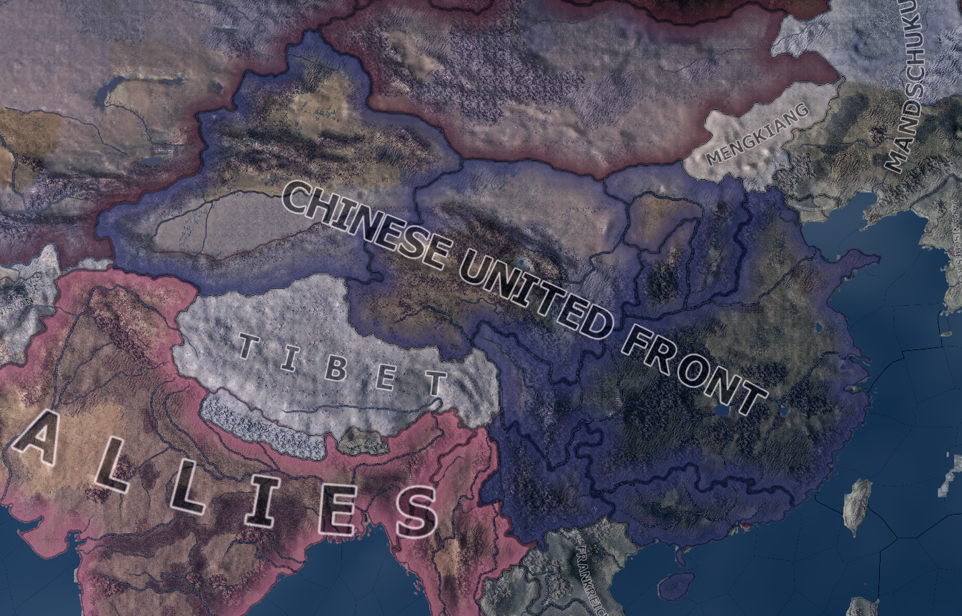 Offizieller Kartenscreenshot mit dem Territorium zweier verschiedener Fraktionen, der Alliierten und der Chinesischen Vereinigten Front, über den Landesgrenzen