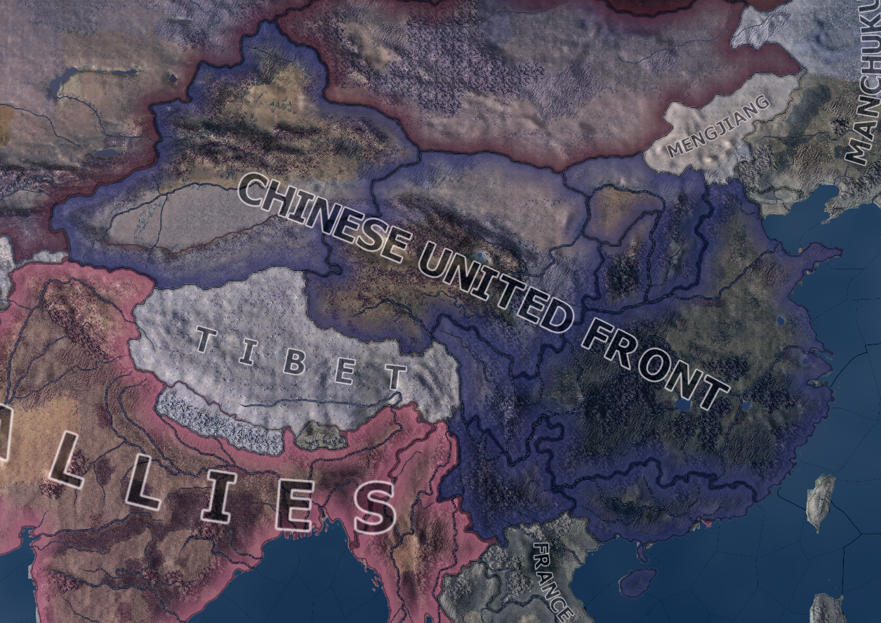 Official map screenshot showing the territory of two different factions, the Allies and the Chinese United Front, overlaid on national borders
