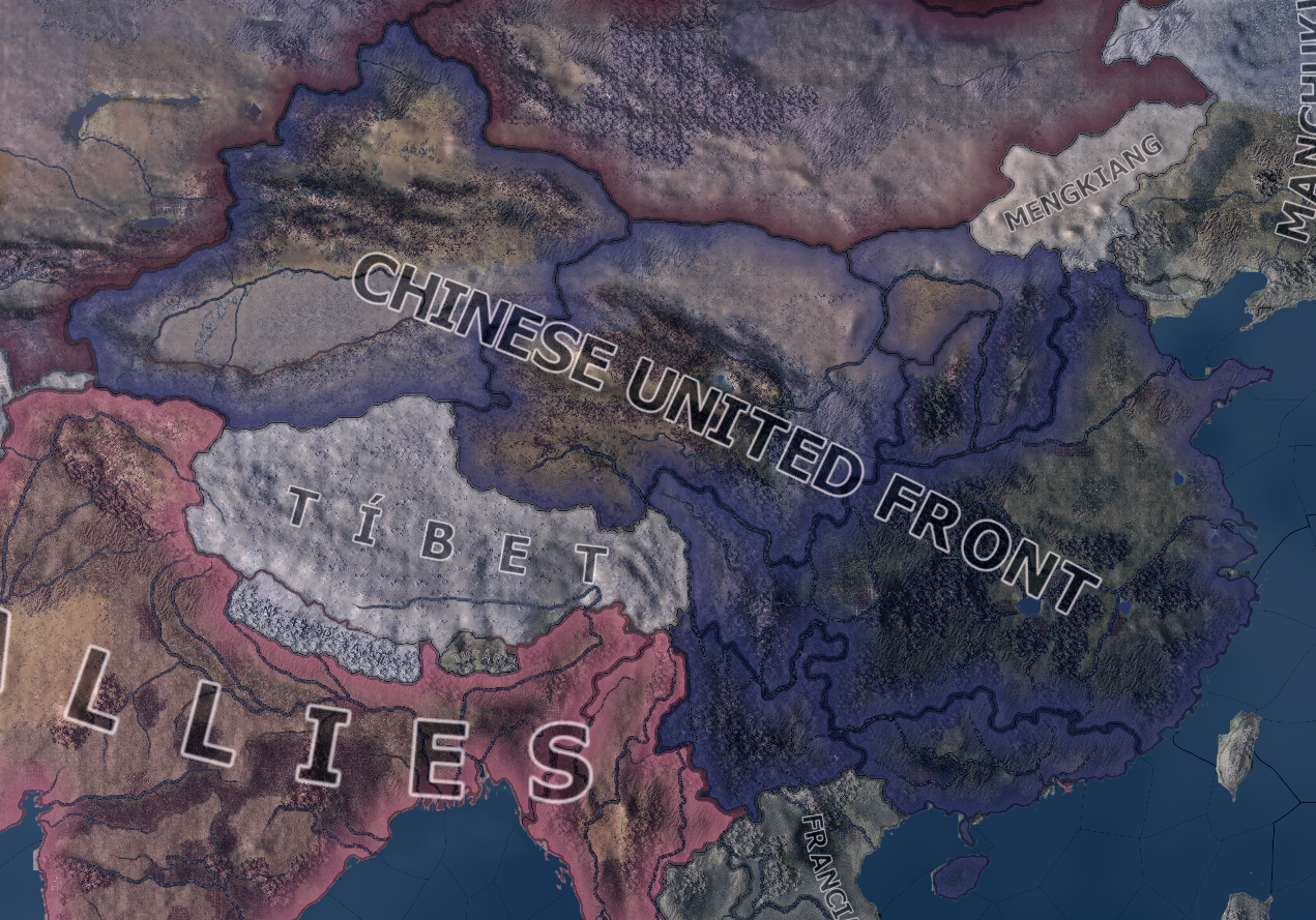 Captura oficial del mapa mostrando el territorio de dos facciones distintas, los Aliados y el Frente Unido Chino, superpuesto sobre las fronteras nacionales