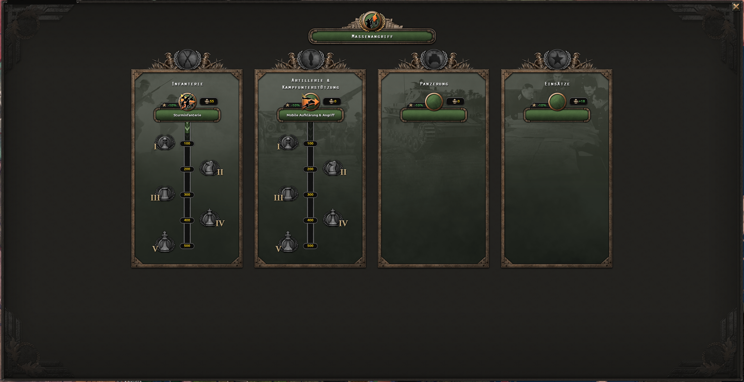 Offizieller Screenshot des Massenansturm-Doktrinbaums mit seinen vier Zweigen