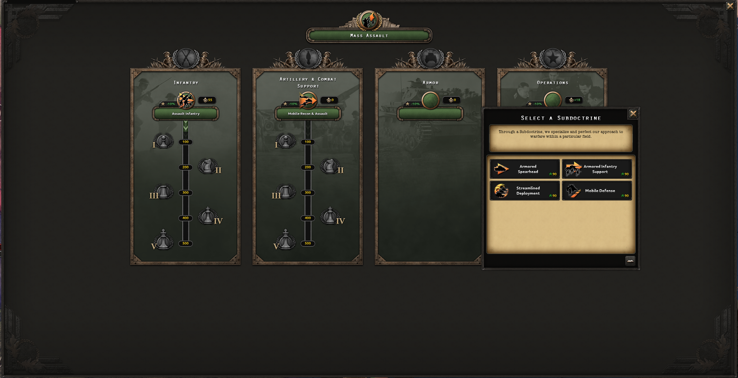 Official screenshot of the Mass Assault doctrine tree, with its four tracks and the subdoctrine selection menu
