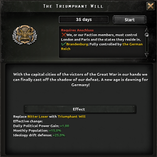 Official screenshot of a focus's detail panel, with its duration, requirements, and completion effects