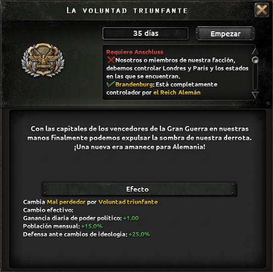 Captura oficial del detalle de un foco, con su duración, requisitos y efectos al completarse