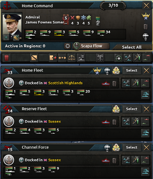 Official screenshot of the naval command hierarchy, with the home fleet and its task forces