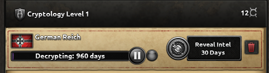 Official screenshot of decryption progress against another country, with days remaining and the option to reveal intel