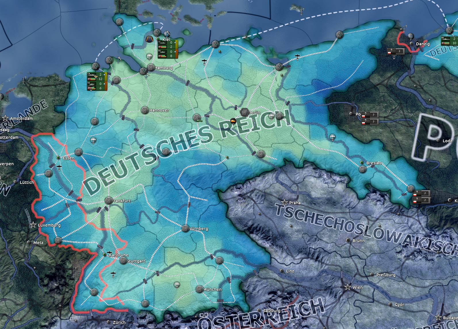 Offizieller Screenshot der Versorgungskarte Deutschlands mit dem Versorgungsgrad jedes Staates und dem Eisenbahnnetz