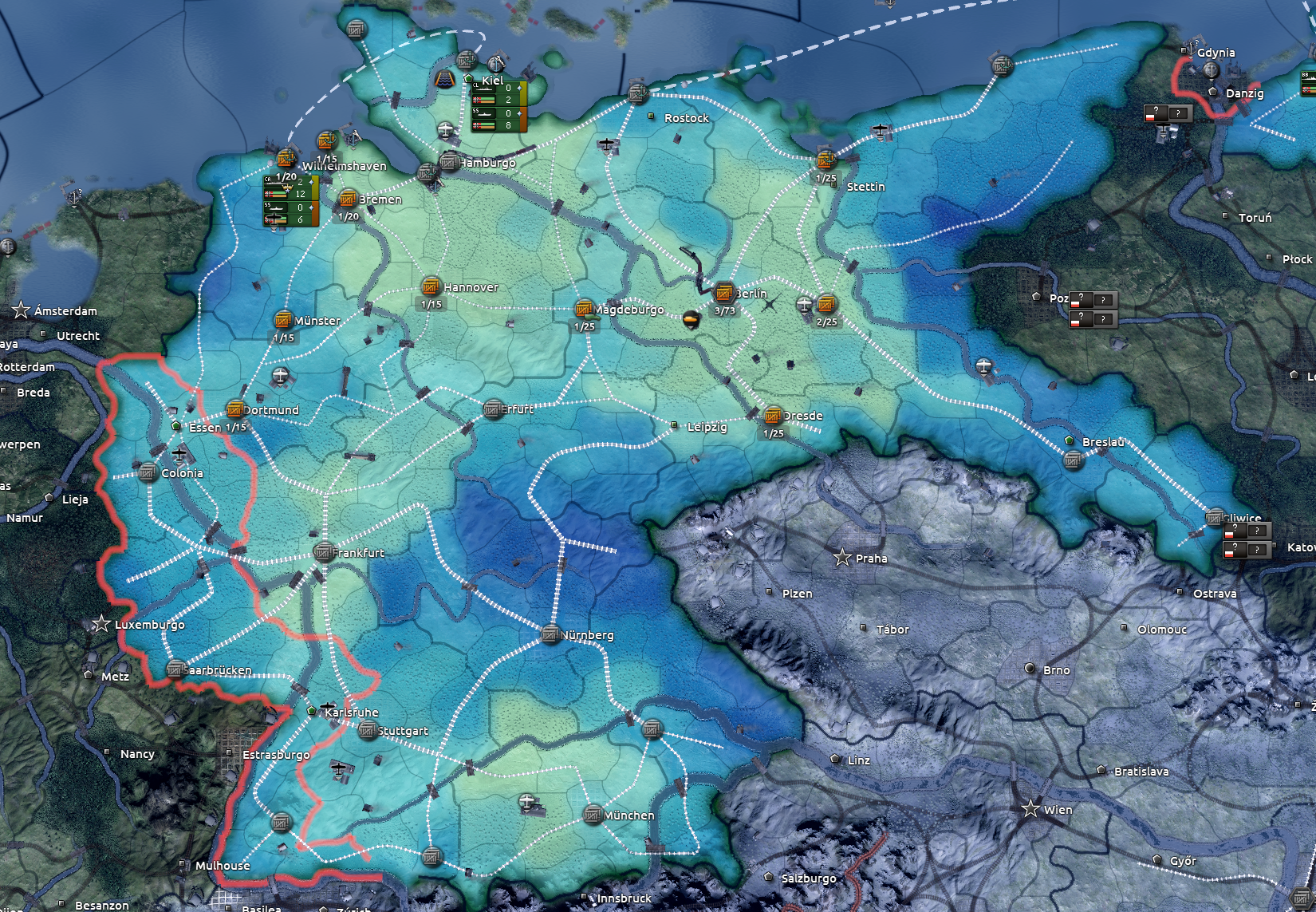 Captura oficial del mapa de suministro de Alemania, con el nivel de cobertura de cada estado y la red de ferrocarriles