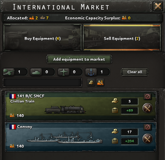 Official screenshot of the international market's sell tab