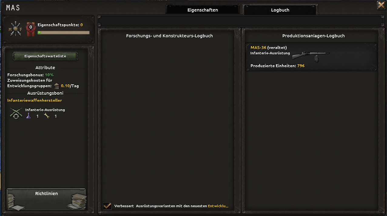 Offizieller Screenshot des Forschungs- und Produktionsverlaufs einer MIO
