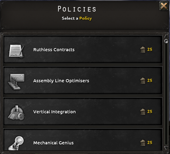 Official screenshot of a MIO's policy selection menu