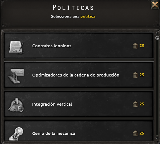 Captura oficial del menú de selección de política de una OIM