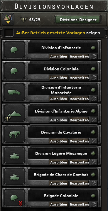 Offizieller Screenshot der Liste der Divisionsvorlagen