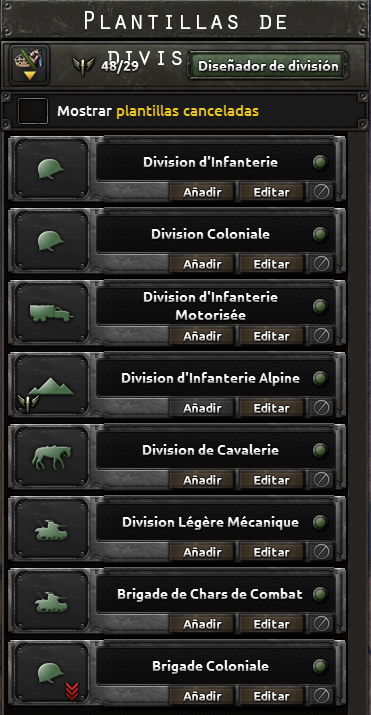 Captura oficial del listado de plantillas de división