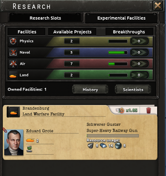 Official screenshot of the experimental facilities tab
