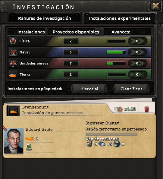 Captura oficial de la pestaña de instalaciones experimentales