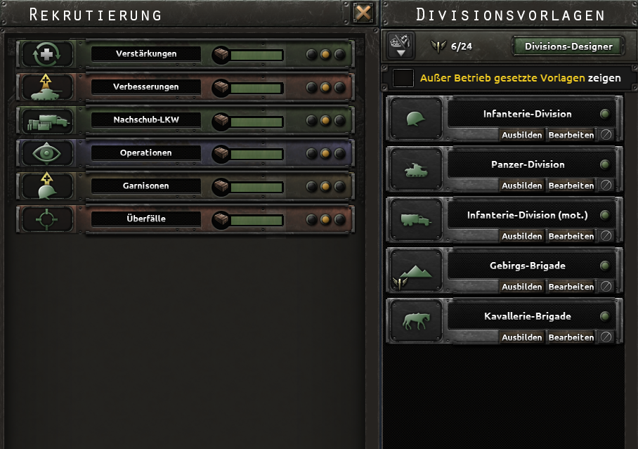 Offizieller Screenshot des Bildschirms Rekrutieren & Aufstellen, links die Prioritäten, rechts die Vorlagenliste