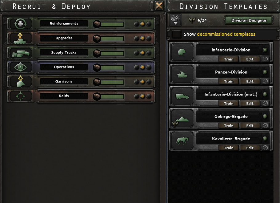 Official screenshot of the Recruit & Deploy screen, priorities on the left and the template list on the right