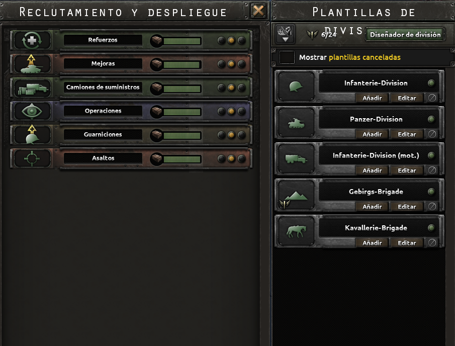 Captura oficial de la pantalla de Reclutar y Desplegar, con las prioridades a la izquierda y la lista de plantillas a la derecha